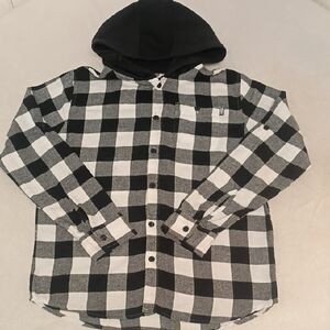 DKNY Black & White Plaid Hooded Button-Down Shirt